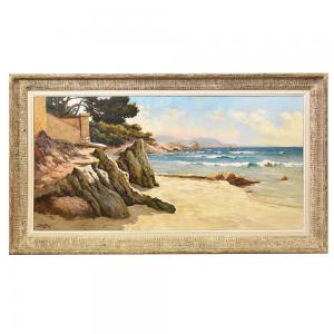 OLD PAINTINGS, SEA PAINTINGS, AZURE COAST SEASCAPE, OIL PAINTING ON PANEL, EARLY 20TH CENTURY. (QM516)
